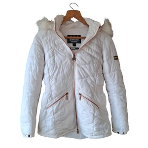 Barbour Damen-Steppjacke Größe 10 cremeweiß gefütterter Mantel Fellkapuze leicht - Bild 1 von 14