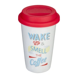 330ml Wake Up Porcelain Drinks Travel Mug Outdoor Contemporary White Red Lid Cup - Picture 1 of 4