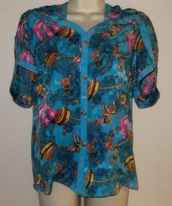 VTG Diane Freis Petites Silk Blouse Blue Pink Ribbon Clam Shells Gold Buttons M - Picture 1 of 5