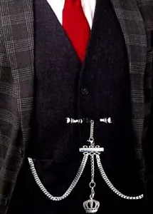 Extra Strong Stainless Steel Pocket Watch Albert Double Chain With Fob & T .Bar - Picture 1 of 2
