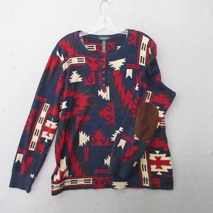 Lauren Ralph Lauren Top Plus 2X Aztec Elbow Patch Henley Southwestern Old Money - Picture 1 of 9