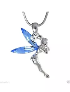 Necklace Fairy Tinkerbell Blue Crystal Sparkling Wings 16" Chain New - Picture 1 of 4