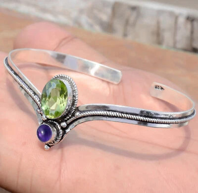 Faceted Peridot & Amethyst Gemstone 925 Sterling Silver Cuff Bangle For Friend's - Image 1 of 4