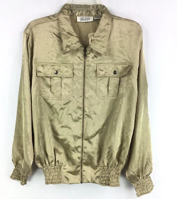 Selene Sport VTG Jacket Metallic Gold Satin Full Zip Lightweight Smocked 2X A08 - Image 1 of 4