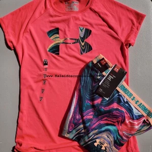 Under Armour Girls Medium Shorty Court Fitted Shorts & T-Shirt Green Pink Swirls - Picture 1 of 1