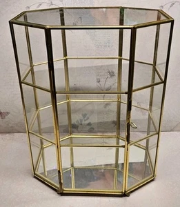 Thailand Curio Cabinet Glass Brass Mirrored Display Case Shelf Footed Octagon - Picture 1 of 6
