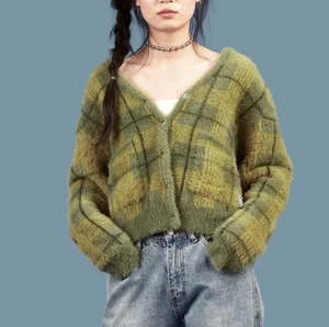 Unif Fuzzy Plaid Green Oversized Cardigan for Women Size S Lagenlook - Picture 1 of 8