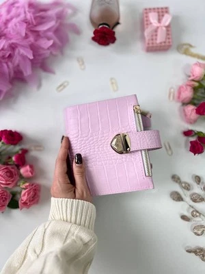 Pink leather notebook cover A7 6 rings mini wallet, Mini Planner Binder. - Image 1 of 4