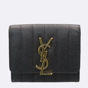 YSL 539984 BLACK CAVIAR GOLD LOGO VICKY CARD HOLDER - Picture 1 of 5