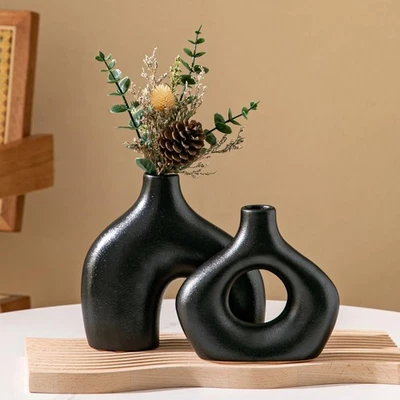 Juego de 2 jarrones de cerámica, jarrones de hierba pampeana negra para decoración del hogar, redondo boho va... Foto 1 de 4