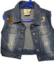 Rare Editions Girl Blue Jean Button-Down Vest With Gold Sequins Size 7 Preowned - Picture 1 of 8
