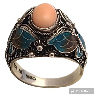 Anillos de plata de ley BJ Beatrix rosa coral cloisonne mariposa talla 7 Foto 1 de 4
