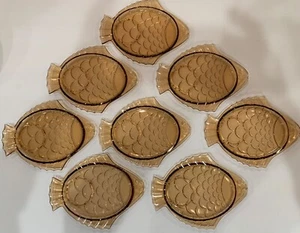 VTG AMBER COLOR FISH SHAPED APPETIZER PLATES w Dip Holes Cocktail Sushi Set of 8 - Picture 1 of 5