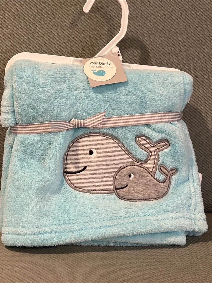 Carter's Aqua blue Plush Fleece Baby Blanket/Lovey Gray Whales Applique Soft VTG