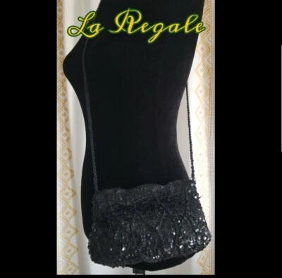 LA REGALE Black Beaded & Sequined Evening Bag / Purse / Wristlet with Zipper - Image 1 of 4