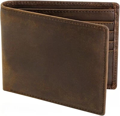 Men RFID Blocking Full Grain Crazy Horse Leather Men's Bifold Center Flap Wallet - Image 1 of 4