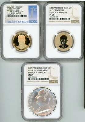 2015  L B JOHNSON  MEDAL  PROOF AND REVERSE PROOF NGC PF 69  AND MS 69 - TRIO - Image 1 of 4