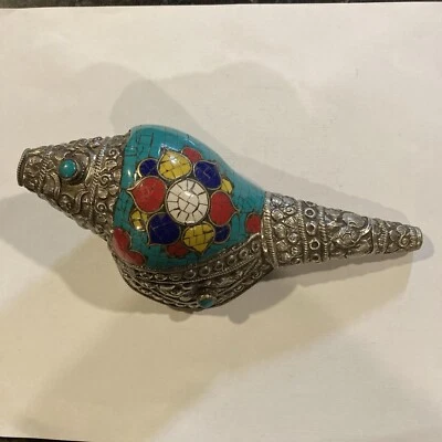 Estatua de cuerno trompeta caracola Shankh soplando tibetano azulejo turquesa 175X80 mm. Foto 1 de 4