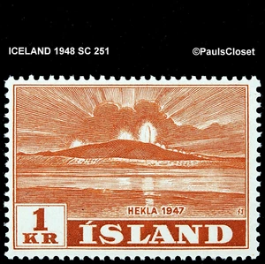 ICELAND  1948 SC 251 HEKLA ERUPTION 1947 1k ORANGE BROWN MNH OG VERY FINE - Picture 1 of 2