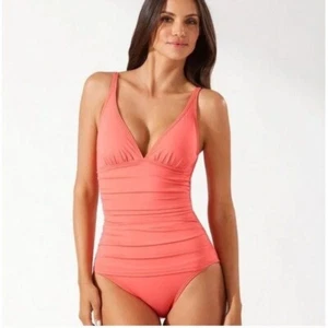 Tommy Bahama Ruched V-Neck One-Piece Swimsuit in Coral Size 16 Slimming - Picture 1 of 10
