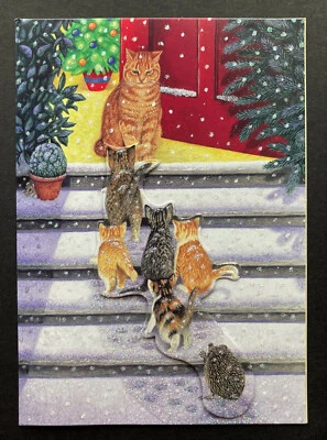 *UNO* Tarjeta de Navidad Cat On Steps Naranja Atigrado Nieve Brillo 3D Avril Haynes 1 Foto 1 de 4