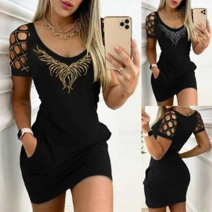 Womens Glitter Cold Shoulder Bodycon Mini Dress Sexy Club Summer Short Dresses - Picture 1 of 12