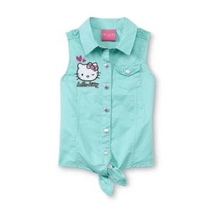 Hello Kitty Mädchen Aqua Spitze Knopfleiste vorne zum Binden ärmellos Popeline Tank Top 6 - Bild 1 von 3