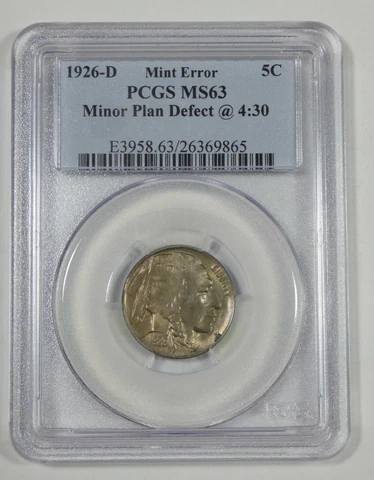 MINT ERROR 1926-D Buffalo Nickel CERTIFIED PCGS MS 63 ~ Minor Planchet Defect Cover