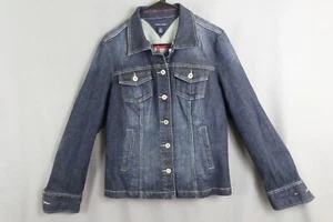 Tommy Hilfiger Jean Jacket Womens Large Blue Denim Trucker Pockets Classic - Picture 1 of 12