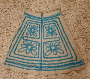 Basil & Maude Turquoise Tan Beaded Sequin Lace A-line Knee-Length Skirt Size 8 - Picture 1 of 5