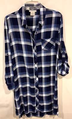 BLL NYC Flannel Shirt Dress Size MD Blue/White Plaid Roll-Up Sleeves 100% Rayon - Image 1 of 4