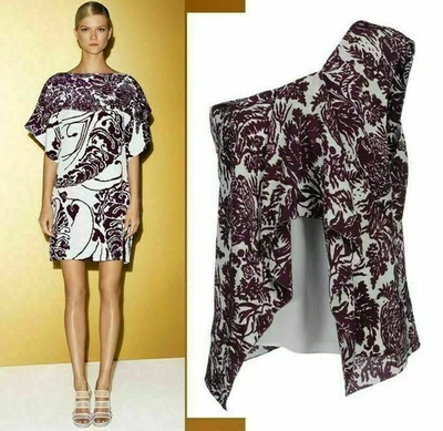 GUCCI TOP ONE SHOULDER 丝绸防水紫色印花罩衫 $950 尺寸 IT 44 美国 8 — 第 1/4 张图片