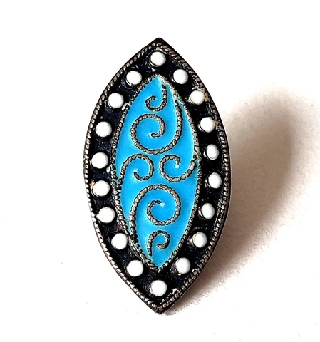 Antique Enamel Button On 900 Silver Spindle Shape Curlicues & Dots 3/4" Cover