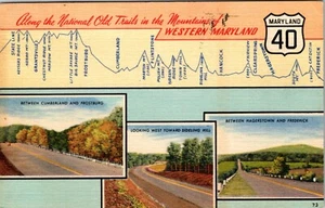 WESTERN MARYLAND ROUTE 40 MULTI VISTA E MAPPA CARTOLINA D'EPOCA IN LINO VISTA - Foto 1 di 2