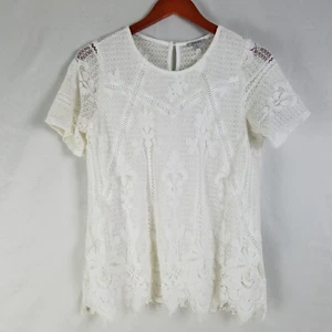 Jodifl Shirt Womens Medium White Lace Boho Top Lined Short Sleeve Keyhole Scoop - Picture 1 of 9
