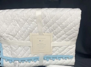 Pottery Barn Baby Organic Pom Pom Quilted Crib Toddler Bedding Quilt Blue NEW - Picture 1 of 1