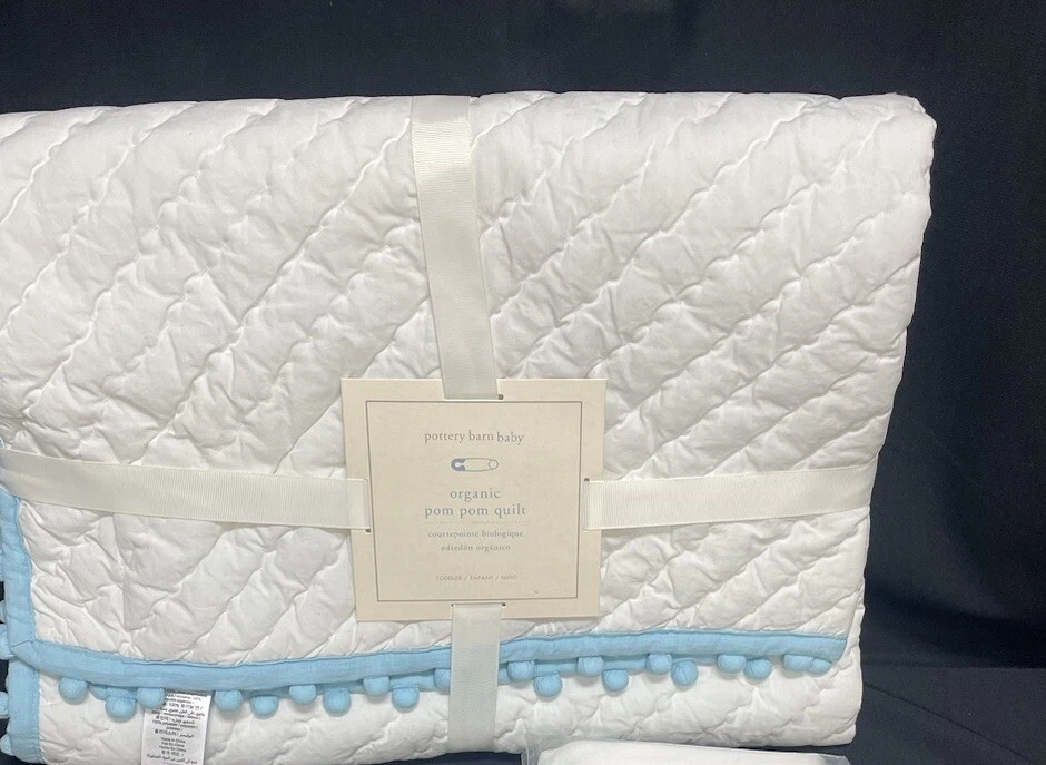 Pottery Barn Baby Organic Pom Pom Quilted Crib Toddler Bedding Quilt Blue NEW - Image 1 of 1