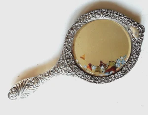 Antique VICTORIAN Painted Repousse STERLING SILVER Hand Mirror Birmingham 1900 - Picture 1 of 11