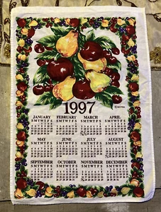 1997 Linen Hanging Calendar Kitchen Tea Towel Vintage, Flowers & Fruit - NOTRA - Picture 1 of 8