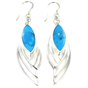 Turquoise Oval Stone In Decorated Sterling Silver Dangle Fishhook Earrings - Picture 1 of 4