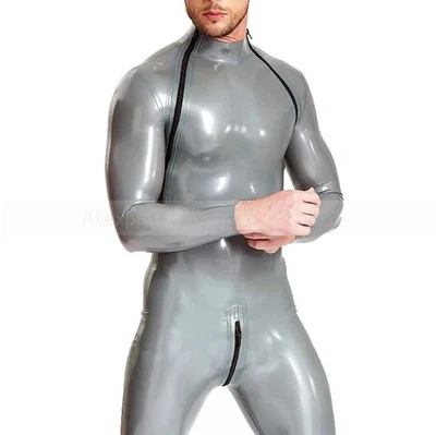 Mens Latex Bodysuit Chest Zipper Rubber Catsuit Fetish Jumpsuit Clubwear 0.4mm - Image 1 of 4