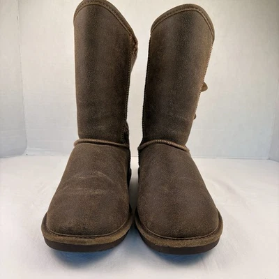 Bearpaw Boshie Suede/Knit Boots Chestnut Distressed Wool Blend Lining Size 8 - Image 1 of 4