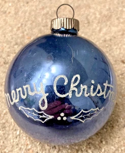 Vintage SHINY BRITE blaue Schablone Stechpalme Quecksilber Glas Frohe Weihnachten Ornament 2,5" - Bild 1 von 6