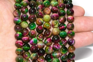 Green & Pink Tiger Eye Beads Round Gemstone Loose Beads 8MM - Picture 1 of 4