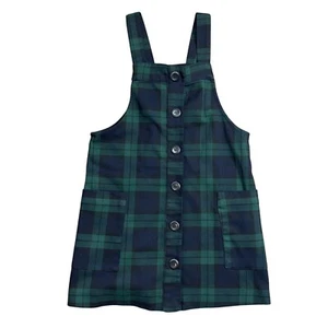 Zara Kids Plaid Pinafore Dress Girls 7 Navy, Green Button Front Pockets Holiday - Picture 1 of 8