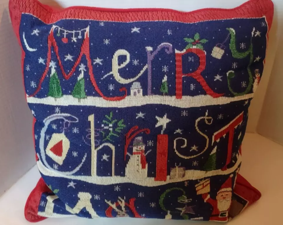 Vtg Merry Christmas Throw Pillow Decorative Tapestry Snowman, Santa, Deer - Image 1 of 4