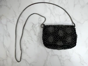 Intropia Small Beaded Crossbody Bag Clutch Black Evening 7" x 5" Chain - Picture 1 of 11