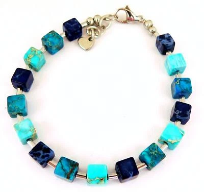 Armband Schmuck,- Edelstein Würfel Jaspis dunkelblau hellblau türkis silber 213d - Bild 1 von 4