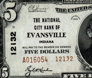 PMG 63 EPQ 1929 Ty. II $5 The National City Bank of Evansville Indiana Ch. 12132 - Picture 1 of 4