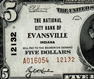 PMG 63 EPQ 1929 Ty. II $5 The National City Bank of Evansville Indiana Ch. 12132 - Image 1 of 4